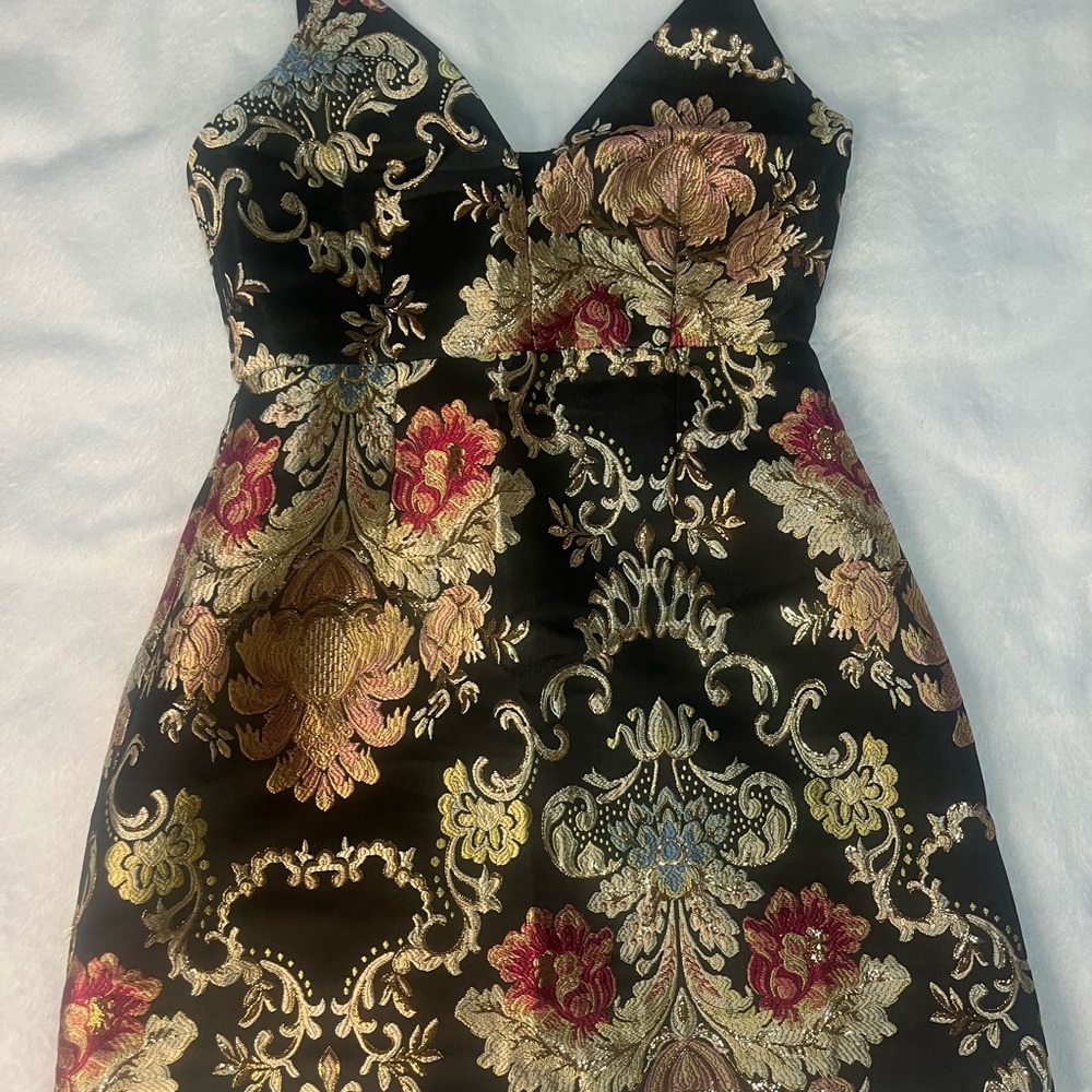 Fashion Nova Black and Gold Strapless Sheath Dress